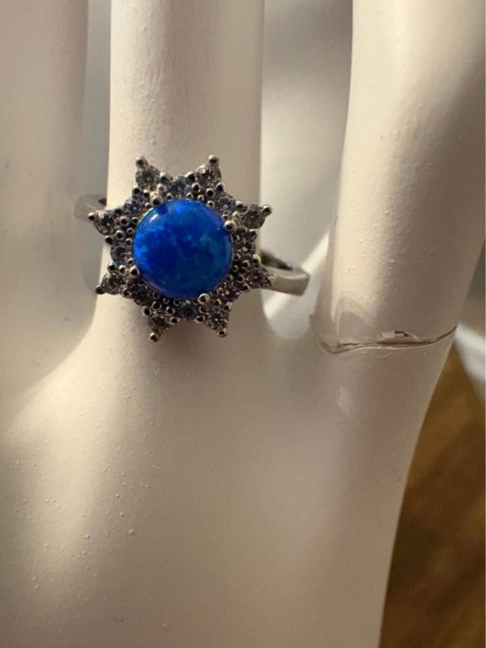 Blue Opal Starburst Halo Ring Size 6 Sterling Silver
